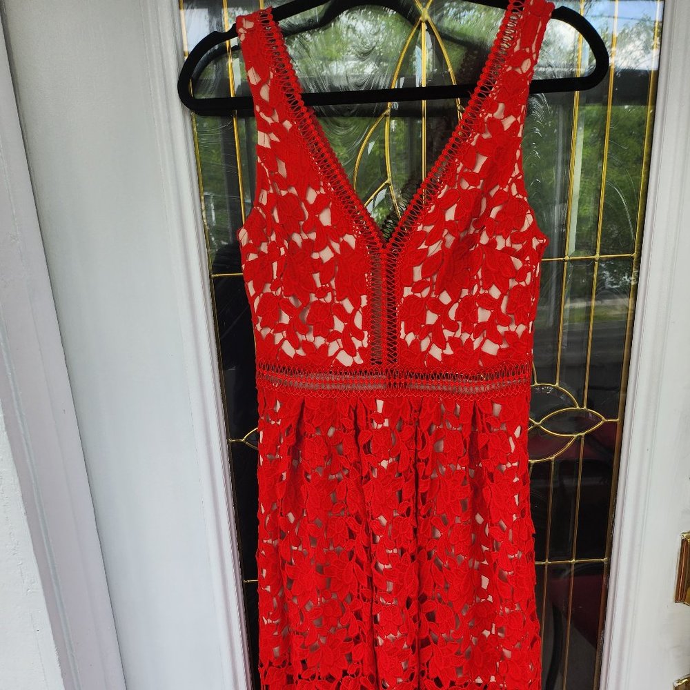 Red Lace Dress with beige illusion